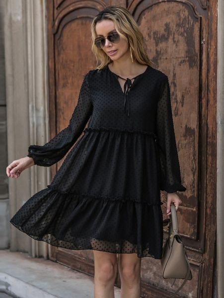 swiss dot frill trim lantern sleeve tie neck ruffle hem dress l2km#, Black;gray
swiss dot frill trim lantern sleeve tie neck ruffle hem dress l2km#, Black;gray