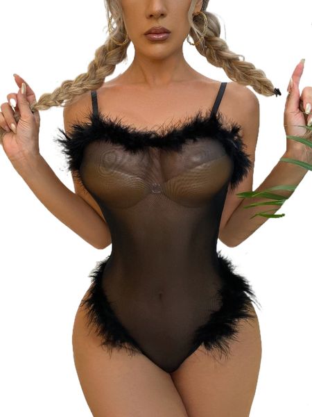 contrast fur sheer mesh teddy bodysuit j3jp#, Black;red 
contrast fur sheer mesh teddy bodysuit j3jp#, Black;red
