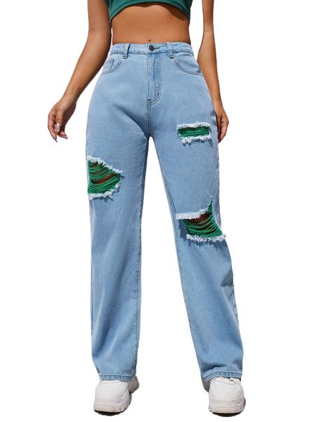 zipper fly ripped straight leg jeans t9j8#, Blue
