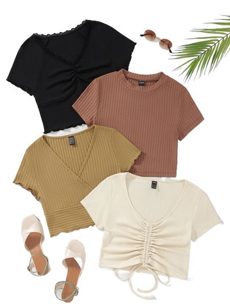 4pcs solid lettuce trim tee u5rk#, White
4pcs solid lettuce trim tee u5rk#, White