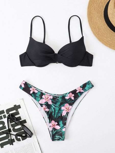 floral print push up bikini swimsuit t7ah#, White;black 
floral print push up bikini swimsuit t7ah#, White;black