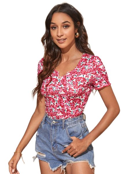 floral print notched neckline tee i02b#, White