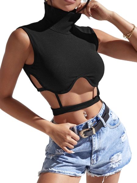 high neck cut out ripped knit tank i3yy#, White