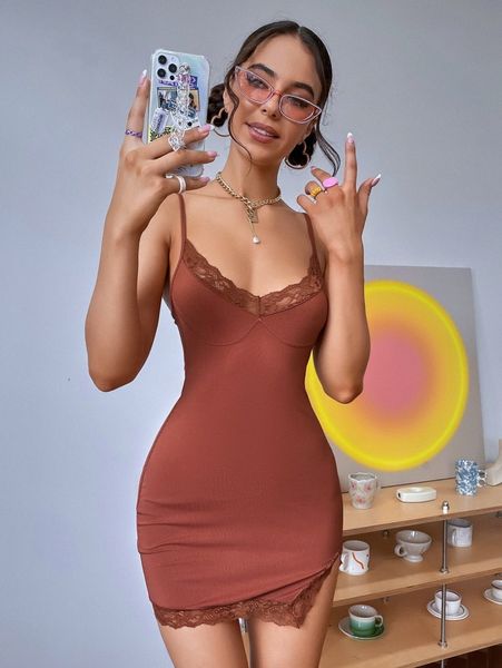 lace trim slit hem rib-knit dress o07g#, Black;gray 
lace trim slit hem rib-knit dress o07g#, Black;gray