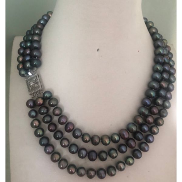 amazing triple strands 9-10mm tahitian round black green pearl necklace 18-20", Silver
amazing triple strands 9-10mm tahitian round black green pearl necklace 18-20", Silver