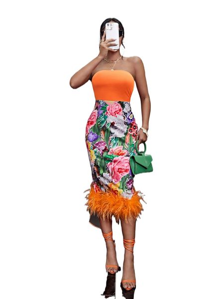 floral print contrast fuzzy trim bodycon tube dress k588#, Black;gray 
floral print contrast fuzzy trim bodycon tube dress k588#, Black;gray