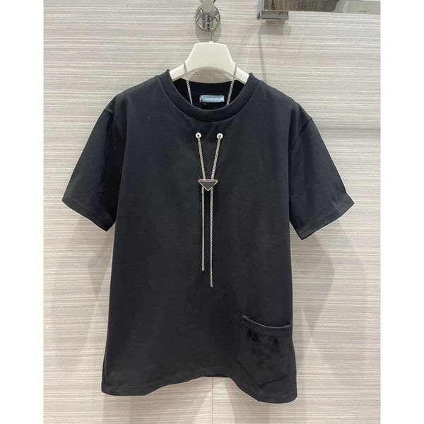 women summer spring t shirts brand triangle metal necklace short sleeve loose pocket embroidery t-shirt fashion round neck pure cotton tees, White
women summer spring t shirts brand triangle metal necklace short sleeve loose pocket embroidery t-shirt fashion round neck pure cotton tees, White