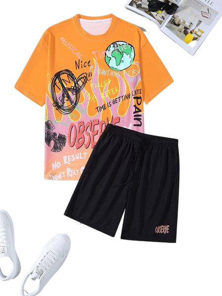 men slogan & earth print tee & drawstring waist shorts x745#, Gray