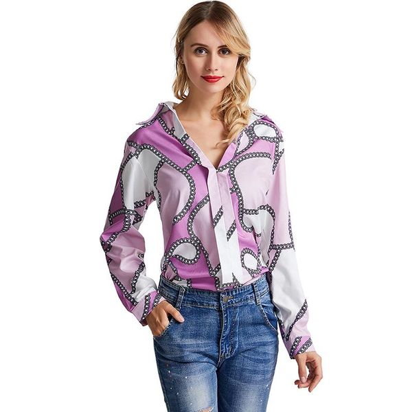 women's blouses & shirts chain pattern shirt for women spring autumn long sleeve casual turn-down collar printed chemise femme, White
women's blouses & shirts chain pattern shirt for women spring autumn long sleeve casual turn-down collar printed chemise femme, White