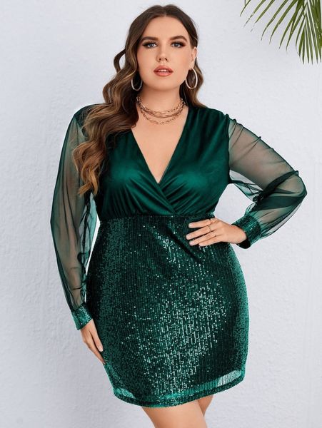 plus mesh insert contrast sequins hem dress q4ku#, Black 
plus mesh insert contrast sequins hem dress q4ku#, Black