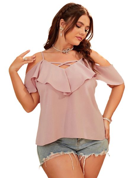 plus solid ruffle criss cross cold shoulder blouse u5hv#, Black 
plus solid ruffle criss cross cold shoulder blouse u5hv#, Black