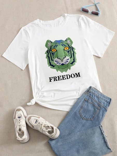plus tiger and letter graphic tee i7se#, Black
