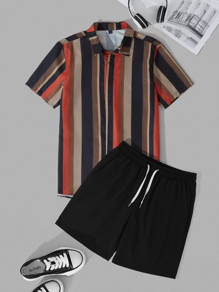 men vertical striped shirt & drawstring waist shorts k27a#, Gray