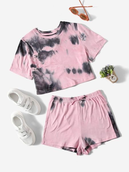 teen girls tie dye tee & shorts set she, White
