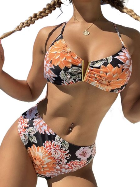 floral v wired bikini swimsuit o87q#, White;black 
floral v wired bikini swimsuit o87q#, White;black