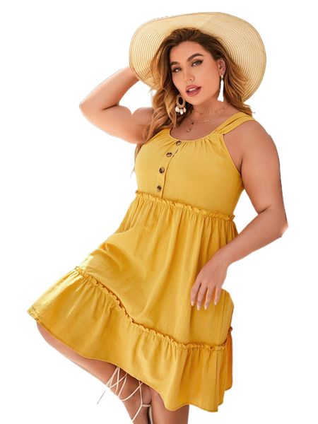 plus fake buttons layered frill trim ruffle hem dress t7u2#, Black
plus fake buttons layered frill trim ruffle hem dress t7u2#, Black