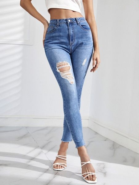 high waist ripped skinny jeans q1la#, Blue