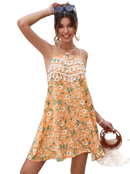 floral print tassel trim cami dress d0sr#, Black;gray 
floral print tassel trim cami dress d0sr#, Black;gray