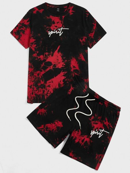 men drop shoulder letter pattern tie dye tee & drawstring waist track shorts 88x4#, Gray
men drop shoulder letter pattern tie dye tee & drawstring waist track shorts 88x4#, Gray