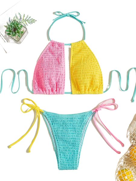 color block smocked halter bikini swimsuit 76v8#, White;black 
color block smocked halter bikini swimsuit 76v8#, White;black