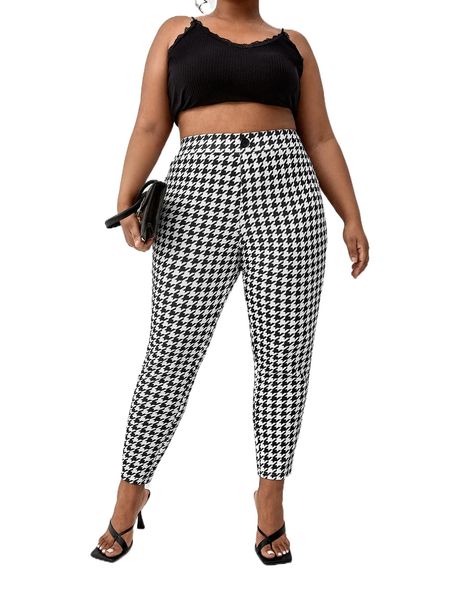 plus houndstooth print leggings k5pm#, Black 
plus houndstooth print leggings k5pm#, Black