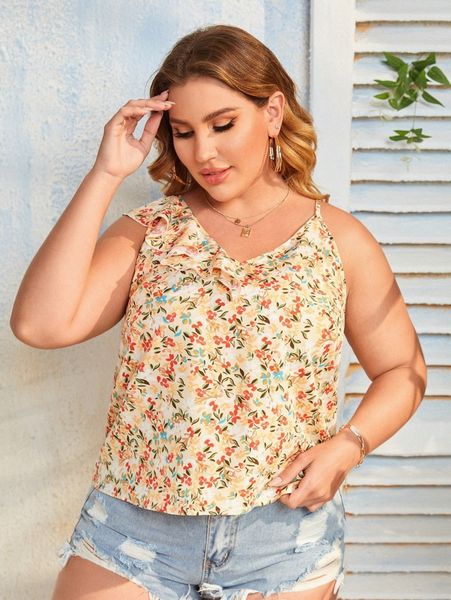 plus allover floral print asymmetrical neck ruffle trim 97oj#, Black 
plus allover floral print asymmetrical neck ruffle trim 97oj#, Black