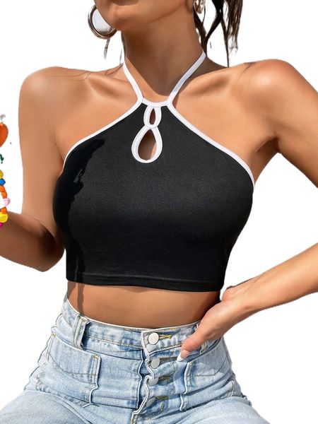 cut out detail contrast binding halter u3tb#, White
cut out detail contrast binding halter u3tb#, White