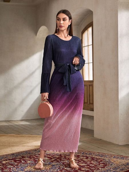 ombre belted round neck dress w0xp#, Black;gray