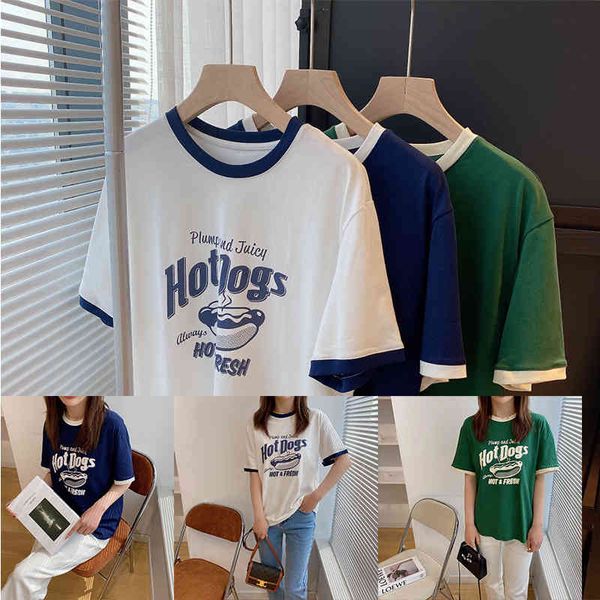 women's t-shirt p5978as 22 spring and summer color piping poster eye-catching large print t-shirt, White
women's t-shirt p5978as 22 spring and summer color piping poster eye-catching large print t-shirt, White