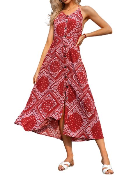 paisley scarf print tie backless halter dress k7oa#, Black;gray