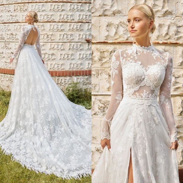 a line wedding dresses for women bohemian bridal gowns lace long sleeved open back side split robe de mariage, White
a line wedding dresses for women bohemian bridal gowns lace long sleeved open back side split robe de mariage, White
