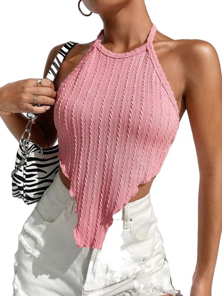 backless asymmetrical hem textured halter g6w8#, White
backless asymmetrical hem textured halter g6w8#, White