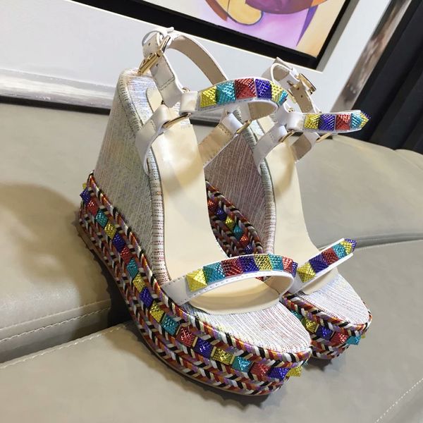 designer womens sandals stylish color mix and match pearl willow nail decorate slope heel shoes genuine leather thick bottom 12cm high heele, Black
designer womens sandals stylish color mix and match pearl willow nail decorate slope heel shoes genuine leather thick bottom 12cm high heele, Black