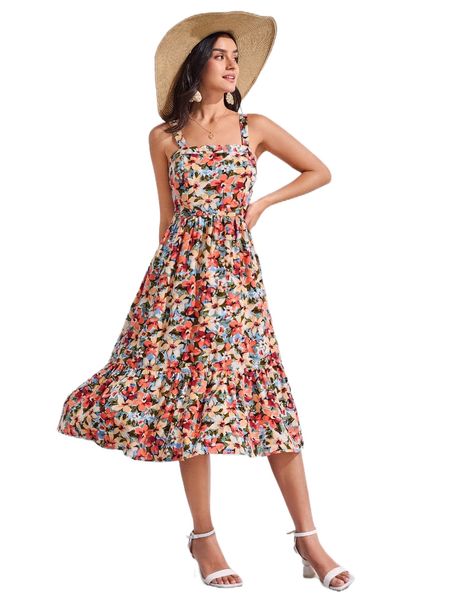 allover floral print ruffle hem cami dress a9va#, Black;gray