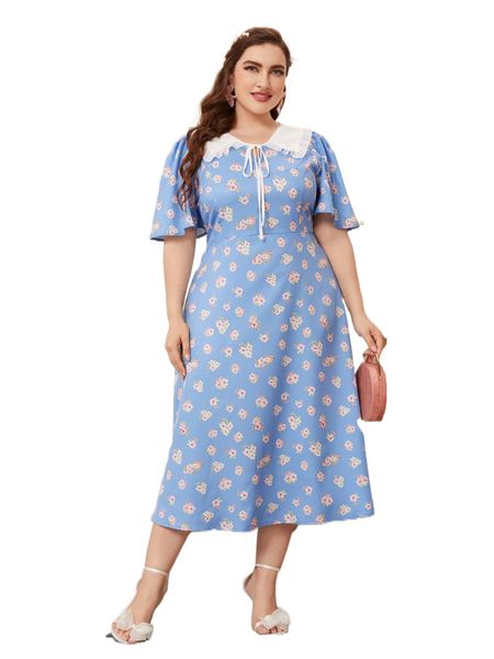 plus 1pc floral print sailor collar knot front dress s5x4#, Black
plus 1pc floral print sailor collar knot front dress s5x4#, Black