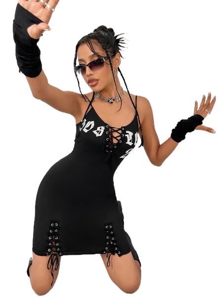 letter graphic lace up front cami dress without gloves a9k8#, Black;gray 
letter graphic lace up front cami dress without gloves a9k8#, Black;gray