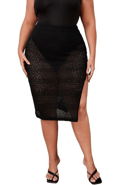 plus split thigh skirt n9ik#, Black