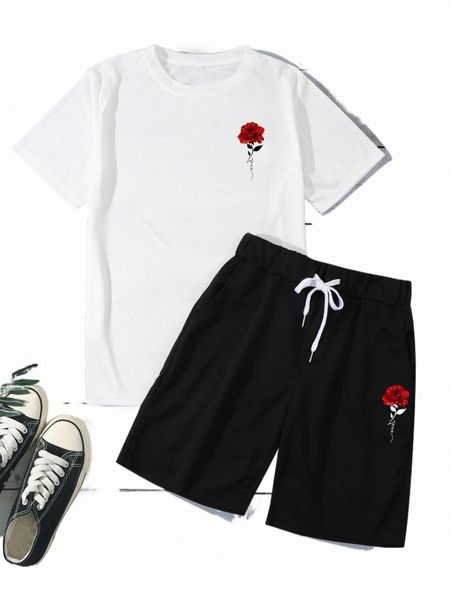 men rose print tee & drawstring waist shorts s9ic#, Gray