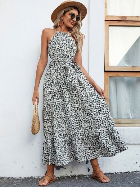 ditsy floral ruffle hem belted dress n7y4#, Black;gray