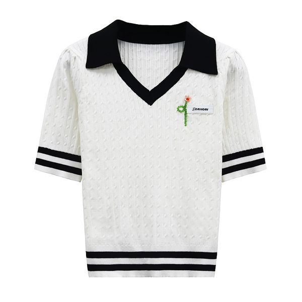 519 2022 summer kint short sleeve lapel neck brand same style sweater white pink green pullover luxury womens clothes binfen, White;black
519 2022 summer kint short sleeve lapel neck brand same style sweater white pink green pullover luxury womens clothes binfen, White;black