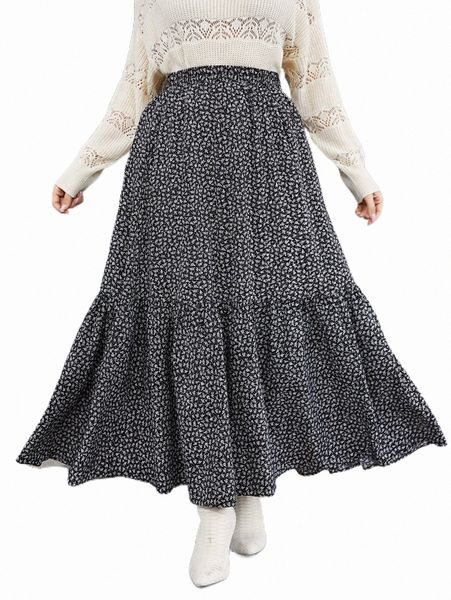 plus ditsy floral print ruffle hem skirt y80q#, Black