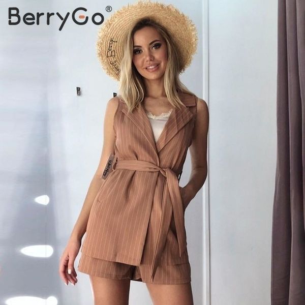 berrygo sleeveless two piece set women blazer vest striped sash belt female suit outfit spring summer shorts twopiece suit y200512, White
berrygo sleeveless two piece set women blazer vest striped sash belt female suit outfit spring summer shorts twopiece suit y200512, White