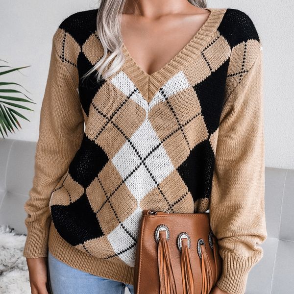 autumn winter new college style diamond print sweater casual korean version loose pullover women v-neck slim sweaters, White;black
autumn winter new college style diamond print sweater casual korean version loose pullover women v-neck slim sweaters, White;black