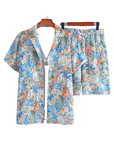 men random tropical print shirt & drawstring waist shorts without tee 36ch#, Gray