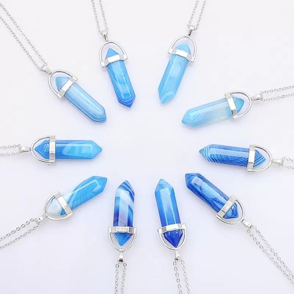purple blue stripe agate stone pillar shape charms point chakra pendants necklace for women men wholesale, Silver
purple blue stripe agate stone pillar shape charms point chakra pendants necklace for women men wholesale, Silver