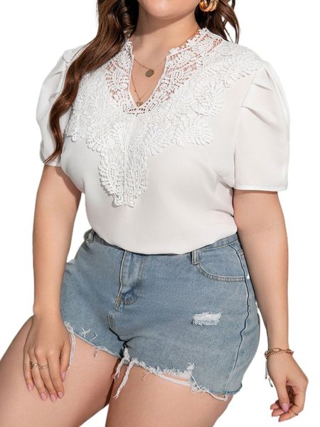 plus contrast guipure lace puff sleeve blouse r5k4#, Black