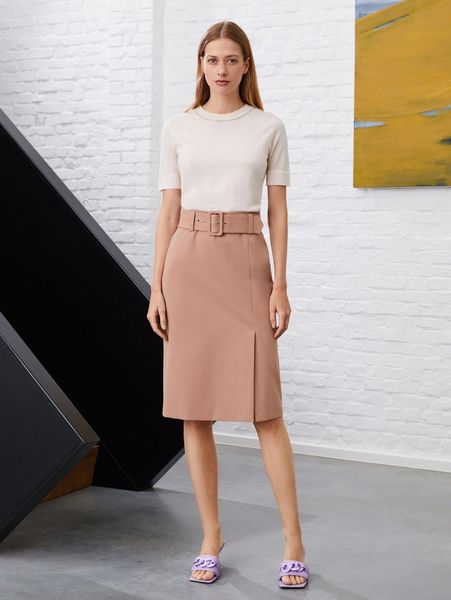 motf premium wool-mix straight belted skirt t7xk#, Black