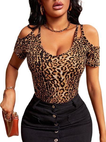leopard print cold shoulder tee i8rp#, White