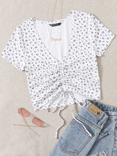 drawstring front ditsy floral e1ng#, White