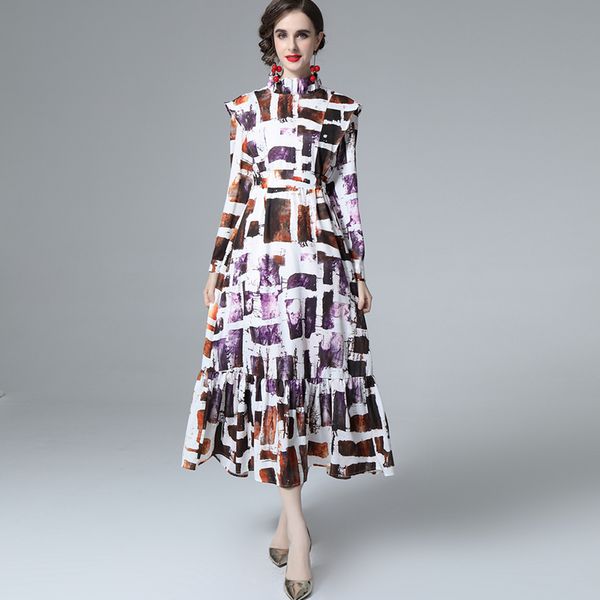 women's runway dress stand collar long sleeves color block printed a line elegant high street fashion dresses vestidos, Black
women's runway dress stand collar long sleeves color block printed a line elegant high street fashion dresses vestidos, Black